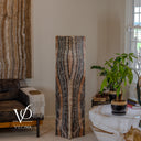 Unlit Tangerine Onyx floor lamp with an elongated pale central pattern and fine vertical charcoal striping.
