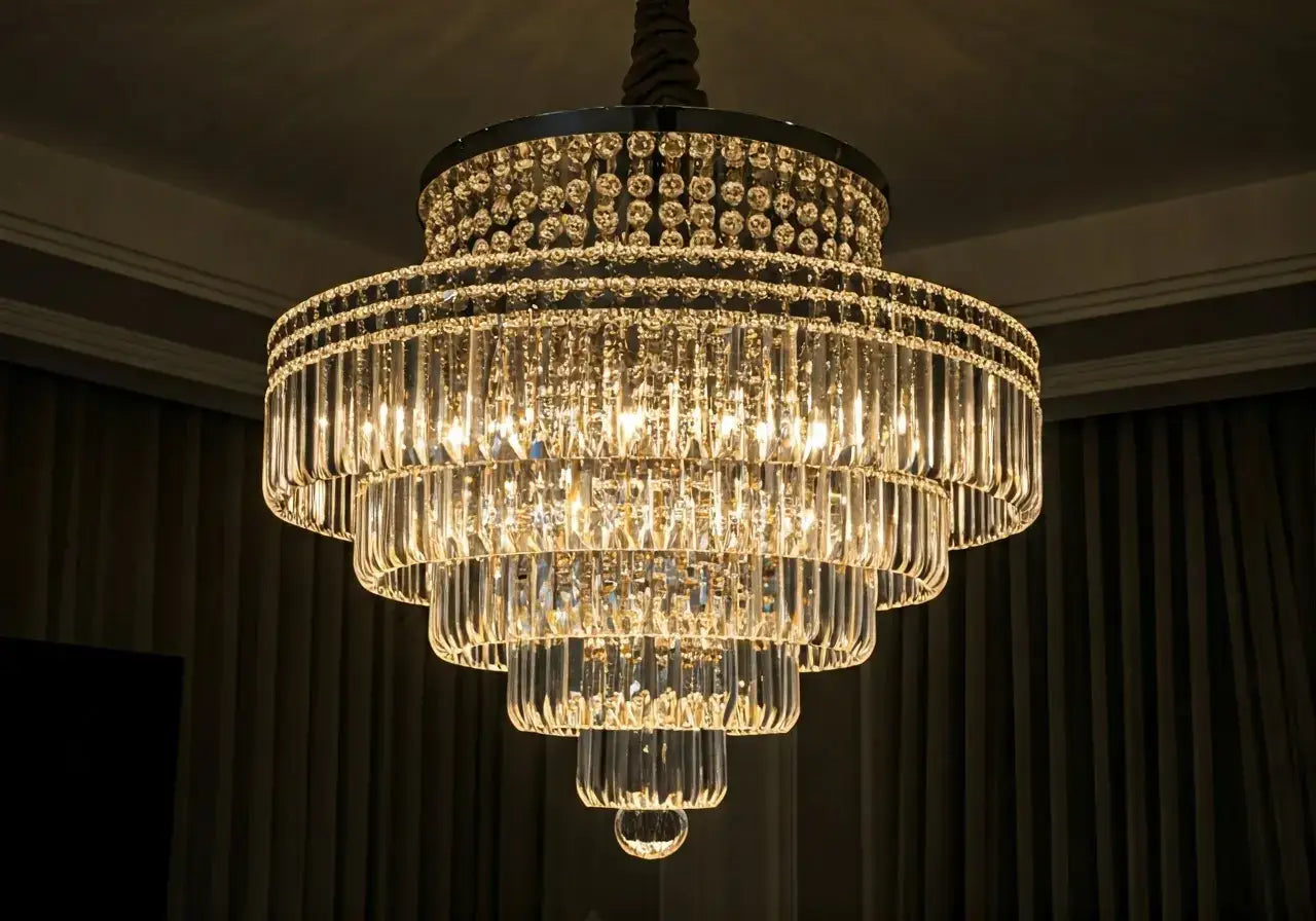 A luxurious crystal chandelier sparkling in a modern living room. 35mm stock photo