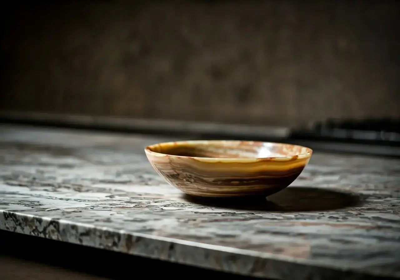 Elegant onyx bowl on minimalist marble kitchen countertop. 35mm stock photo