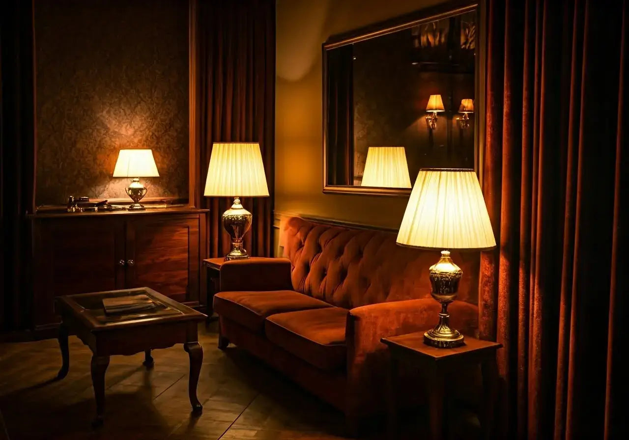 A cozy living room illuminated by elegant, warm-toned lamps. 35mm stock photo