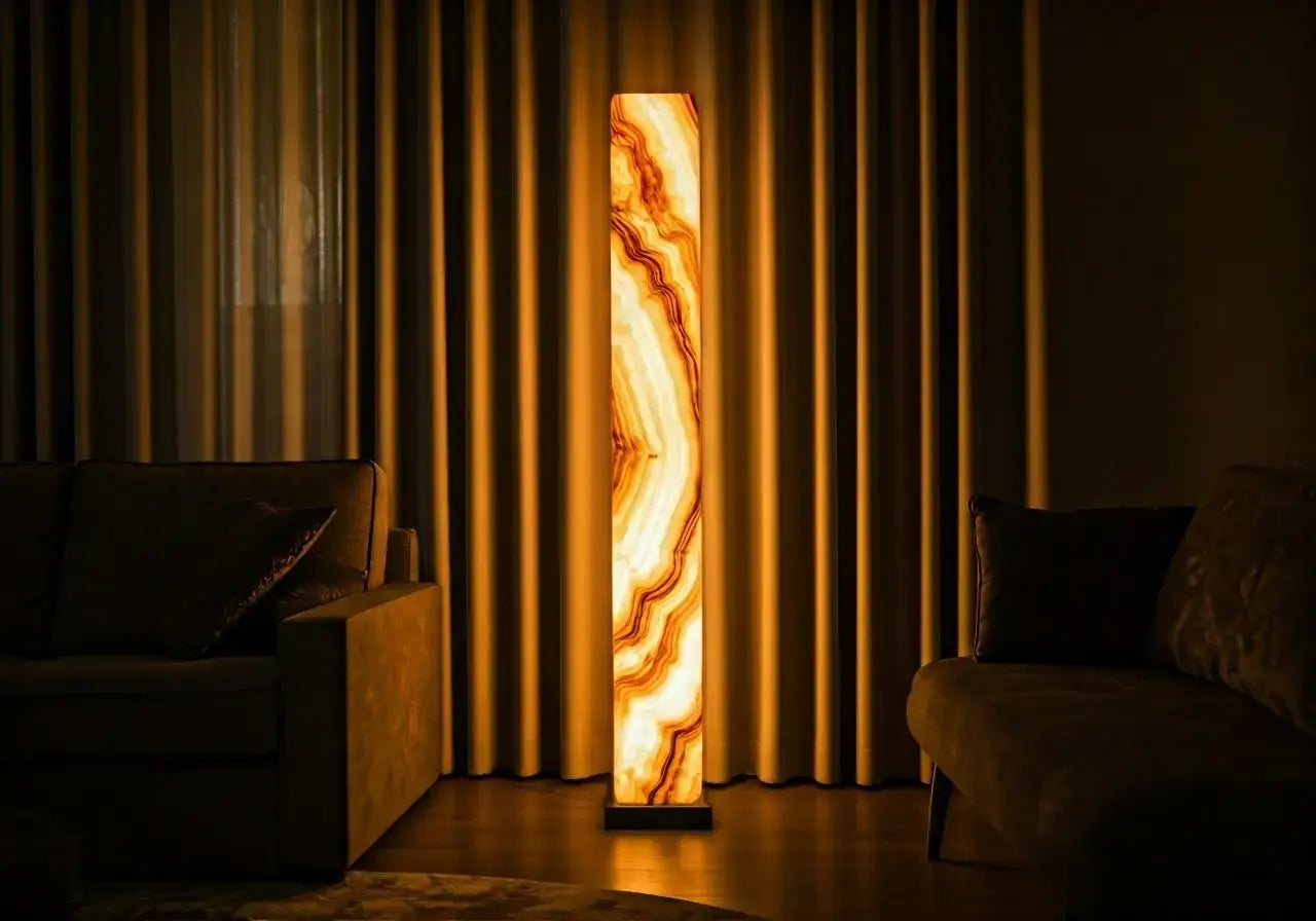 A glowing onyx floor lamp in a modern living room. 35mm stock photo