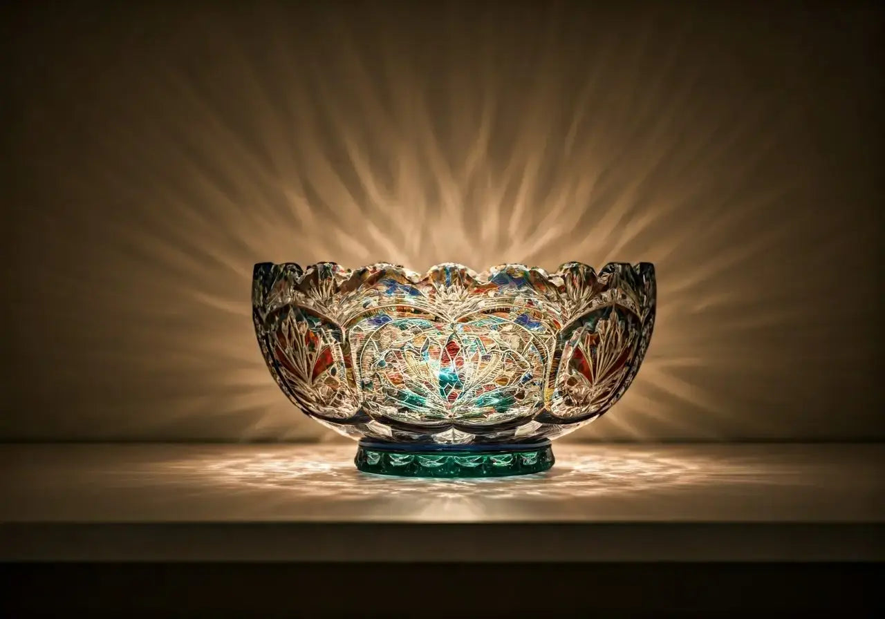 A colorful, ornate crystal bowl placed on a minimalist shelf. 35mm stock photo