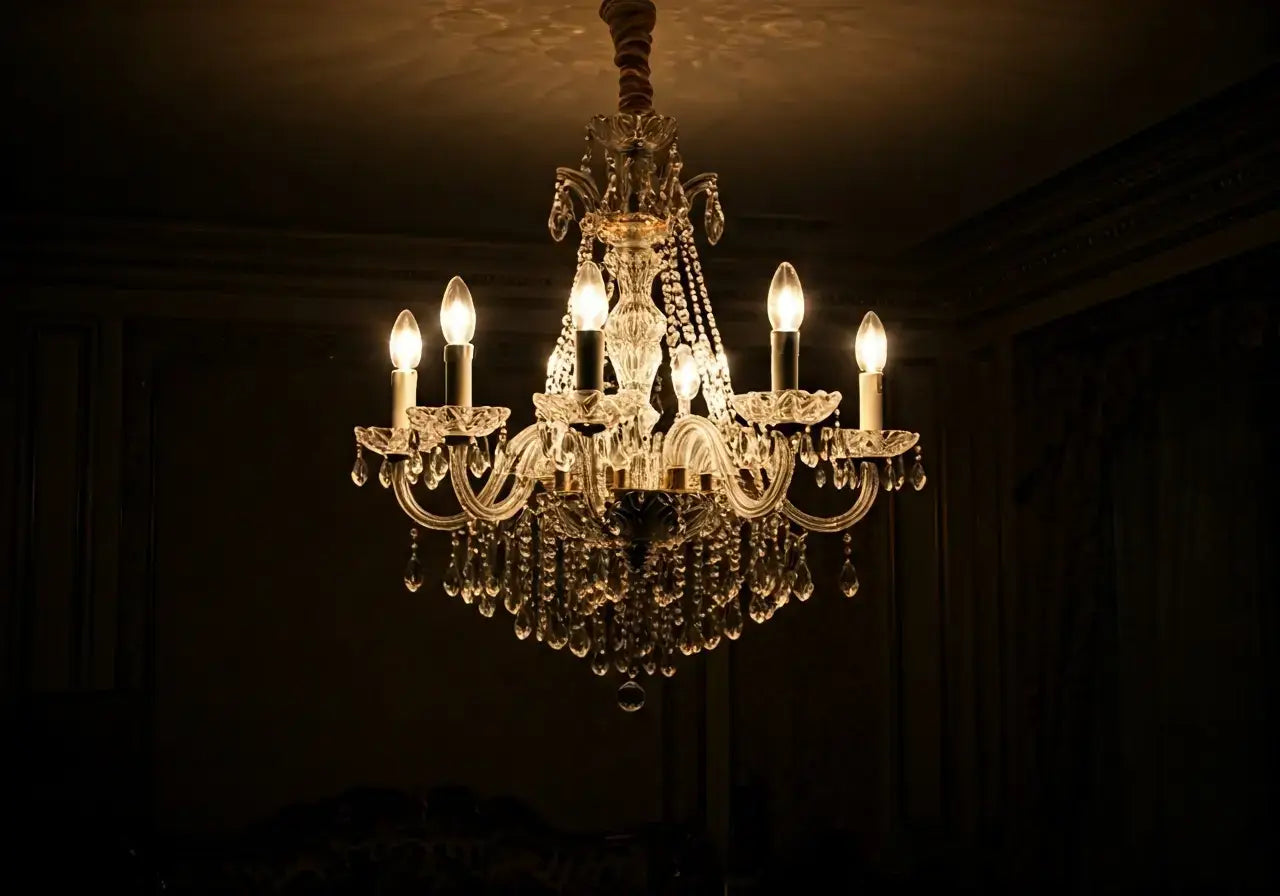 Crystal chandelier casting elegant light in a luxurious living room. 35mm stock photo