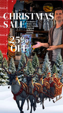 A festive christmas sale poster featuring a man gesturing toward decorative items, with reindeer pulling a sleigh carrying santa and children through snowy pine trees.