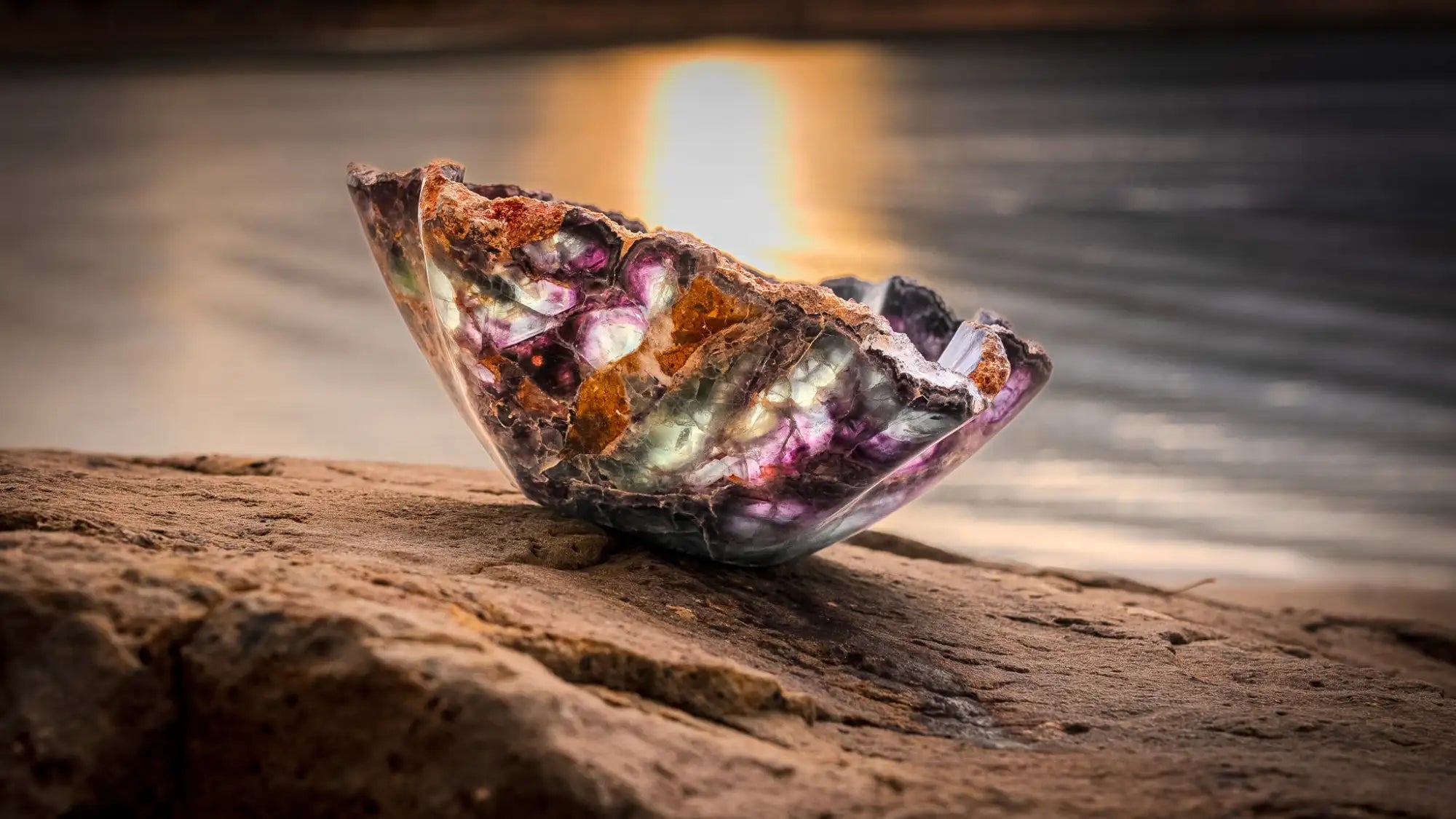 Iridescent shell bowl on rock surface.