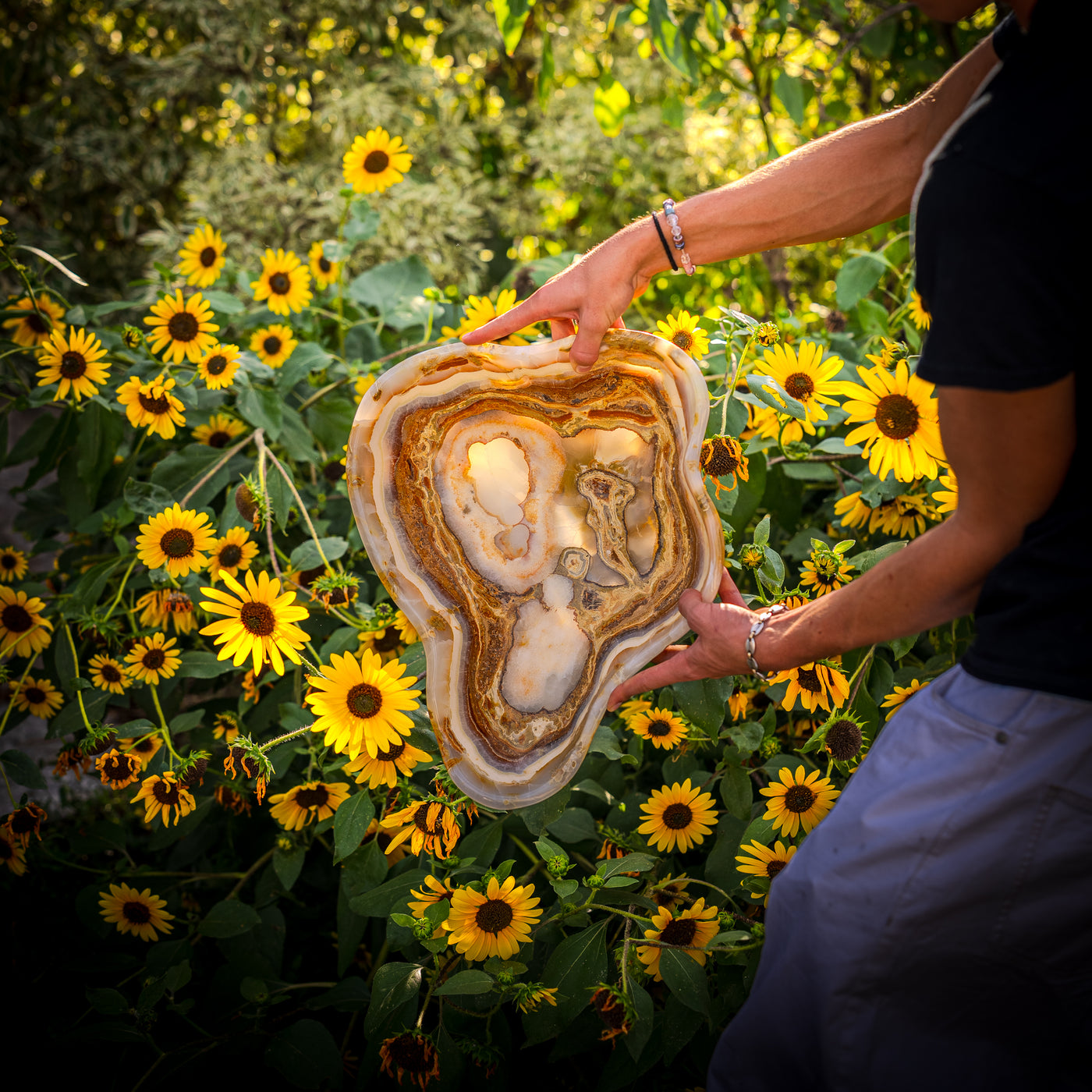 Hand-selected natural onyx displayed outdoors among yellow flowers