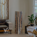 Unlit square onyx floor lamp with symmetrical Tangerine Onyx banding and natural stone texture
